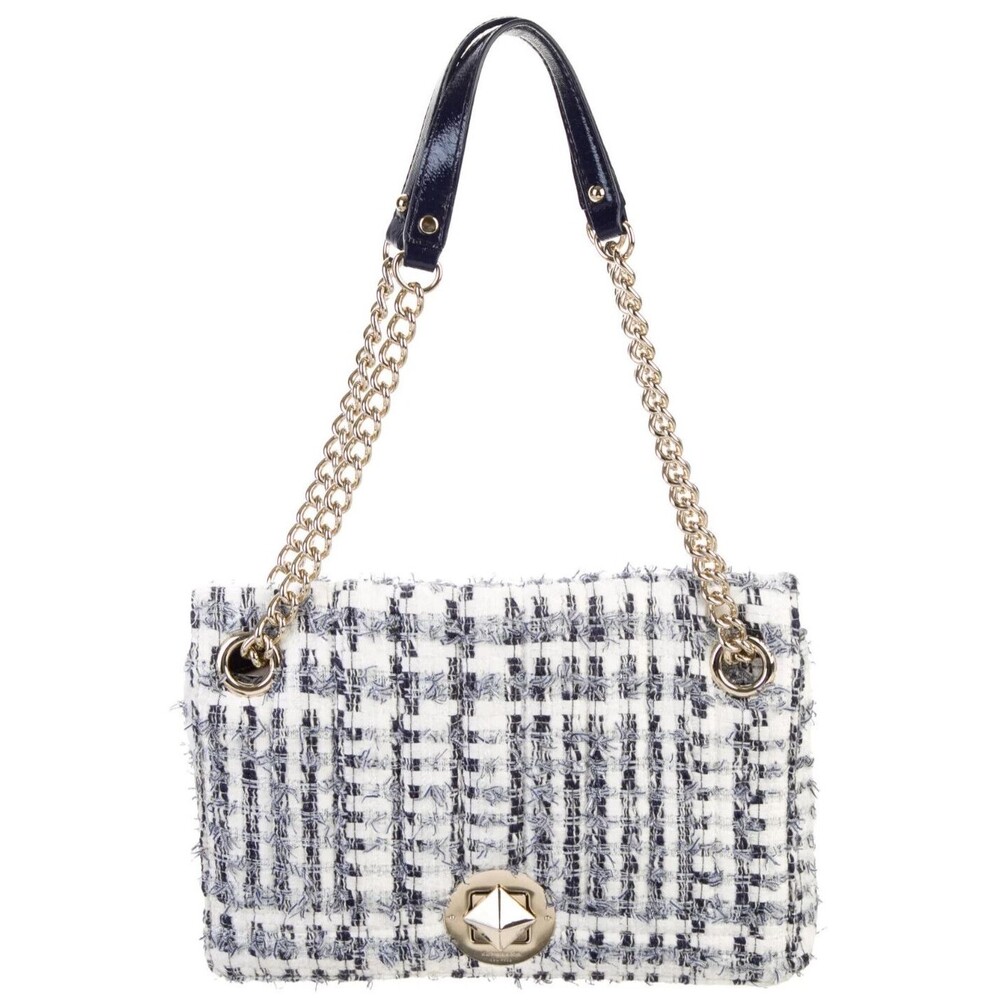 DESIGNER KATE SPADE BLUE MULTI COLOR TWEED FLAP M SIZE CHAIN STRAP SHOULDER BAG - Picture 3 of 13